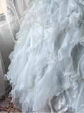 Chic Sky Blue A-Line Evening Gown Strapless Ribbon Bow Ball Gown Long Ruffled Tulle Formal Dress HZ1024