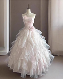 Chic Light Pink A-Line Evening Gown Strapless 3D Flowers Ball Gown Long Ruffled Tulle Formal Dress HZ1024