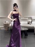 Chic Purple Satin Sheath Evening Gown Strapless Party Dress Long Formal Dress HZ1024