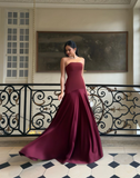 Elegant Burgundy Satin A-Line Evening Gown Strapless Party Dress Long Formal Dress HZ1024