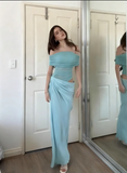Chic Turquoise Sheath Evening Gown Off-the-shoulder Party Dress Tulle Long Formal Dress HZ1024