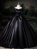 Elegant Black Satin Sweet 16 Quinceanera A-Line Off-the-shoulder Evening Dress Ruffled Ball Gown HZ1024