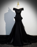 Vintage Black A-Line Evening Gown Satin Off-the-shoulder Party Dress Tulle Dress Hem Formal Dress HZ1024