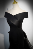 Vintage Black A-Line Evening Gown Satin Off-the-shoulder Party Dress Tulle Dress Hem Formal Dress HZ1024