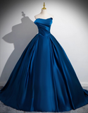 Elegant Royal Blue Satin Sweet 16 Quinceanera A-Line Strapless Evening Dress Long Ball Gown HZ1024