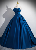 Elegant Royal Blue Satin Sweet 16 Quinceanera A-Line Strapless Evening Dress Long Ball Gown HZ1024