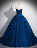 Elegant Royal Blue Satin Sweet 16 Quinceanera A-Line Strapless Evening Dress Long Ball Gown HZ1024