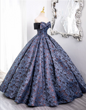 Vintage Floral Satin Sweet 16 Quinceanera Bow Off-the-shoulder Evening Dress Long Ball Gown HZ1024