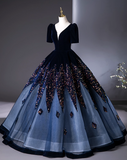 Vintage Navy Blue Velvet Beaded Sweet 16 Quinceanera A-Line V-neck Short-sleeved Evening Dress Long Ball Gown HZ1024
