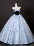 Chic Sky Blue Sweetheart Beaded Sweet 16 Quinceanera 3D Flowers A-Line Strapless Evening Dress Long Ball Gown HZ1024