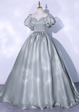 Vintage Greyish-green Satin A-Line Evening Gown Sweetheart Puffy Sleeve Party Dress Long Formal Dress HZ1024