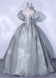 Vintage Greyish-green Satin A-Line Evening Gown Sweetheart Puffy Sleeve Party Dress Long Formal Dress HZ1024