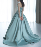 Vintage Turquoise Satin A-Line Evening Gown Spaghetti Strap Party Dress Long Formal Dress HZ1024