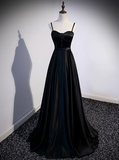 Vintage Black Satin A-Line Evening Gown Sweetheart Spaghetti Strap Party Dress Long Formal Dress HZ1024