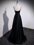 Vintage Black Satin A-Line Evening Gown Sweetheart Spaghetti Strap Party Dress Long Formal Dress HZ1024