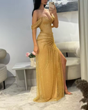 Vintage Golden Glittering Sequin Evening Gown Sheath Off-the-shoulder Party Dress Long Formal Dress HZ1024
