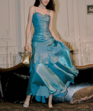 Vintage Sweetheart Sheath Spaghetti Strap Evening Dress Ruffled Long Prom Dress HZ1024