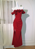 Vintage Red 3D Flowers Sheath Off-the-shoulder Evening Dress Slit Long Prom Dress HZ1024