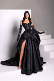 Retro Black Sweetheart Irregular Ruffle Hem Lace Gloves Design Elegant A-Line Satin Evening Dress Prom Dress HZ1024