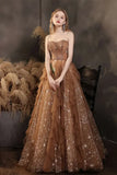 Elegant Champagne Sweetheart Shiny Sequin Ruffle Design A-Line Chiffon Tulle Evening Dress Prom Dress HZ1024