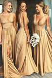 Elegant V-neck A-Line Satin High Slit Party Dress Evening Gown Bridesmaid Dress HZ1024