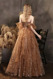 Elegant Champagne Sweetheart Shiny Sequin Ruffle Design A-Line Chiffon Tulle Evening Dress Prom Dress HZ1024