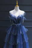 Vintage Blue Beaded Design Elegant A-Line Chiffon Tulle Evening Dress Prom Dress HZ1024