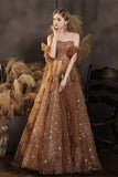 Elegant Champagne Sweetheart Shiny Sequin Ruffle Design A-Line Chiffon Tulle Evening Dress Prom Dress HZ1024