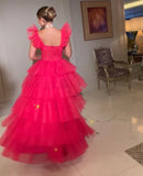 Vintage Hot Pink A-Line Prom Dress Long Sweetheart Evening Dress Chiffon Tiered Formal Dress HZ1024