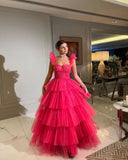 Vintage Hot Pink A-Line Prom Dress Long Sweetheart Evening Dress Chiffon Tiered Formal Dress HZ1024