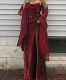 Vintage Burgundy Chiffon Spaghetti Strap A-Line Long Prom Dress Party Dress Evening Dress HZ1024