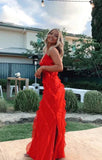 Vintage Red Sheath Prom Dress Long Ruffles Evening Dress Spaghetti Strap Formal Dress HZ1024