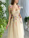 Vintage Floral Applique Prom Dress Long A-Line Evening Dress Chiffon Formal Dress HZ1024