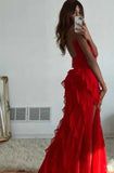 Vintage Red Sheath Prom Dress Long Ruffles Evening Dress Spaghetti Strap Formal Dress HZ1024