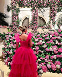 Vintage Hot Pink A-Line Prom Dress Long Sweetheart Evening Dress Chiffon Tiered Formal Dress HZ1024