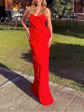 Vintage Red Sheath Prom Dress Long Ruffles Evening Dress Spaghetti Strap Formal Dress HZ1024