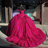 Elegant Hot Pink Sequin Off-the-shoulder Sweet 16 Quinceanera A-Line Tulle Floor-length Prom Dress Birthday Dress Evening Dress Ball Gown HZ1024