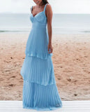 Vintage Blue Sweetheart Pleated A-Line Tiered Long Prom Dress Party Dress Evening Dress HZ1024