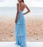 Vintage Blue Sweetheart Pleated A-Line Tiered Long Prom Dress Party Dress Evening Dress HZ1024