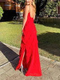 Vintage Red Sheath Prom Dress Long Ruffles Evening Dress Spaghetti Strap Formal Dress HZ1024