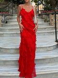 Vintage Red Sheath Prom Dress Long Ruffles Evening Dress Spaghetti Strap Formal Dress HZ1024