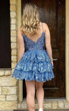Cute Navy Blue Sequin Design A-line with Bodice Spaghetti Strap Homecoming Dress HZ1024