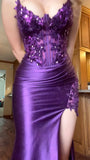 Vintage Purple Glittering Beaded Evening Gown Sheath Applique Spaghetti Strap Party Dress High Slit Long Formal Dress HZ1024