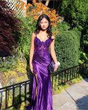 Vintage Purple Glittering Beaded Evening Gown Sheath Applique Spaghetti Strap Party Dress High Slit Long Formal Dress HZ1024