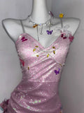 Glitter Pink Sequin Spaghetti Strap Butterfly Design 16th Birthday Party Dress Homecoming Dress HZ1024