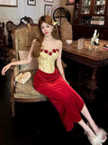 Vintage 3D Rose Sweetheart Prom Dress Red Velvet Sheath Evening Dress Long Formal Dress HZ1024