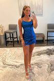 Fashion Royal Blue Sequined Bodycon Design A-line Spaghetti Strap Short Homecoming Dress HZ1024