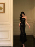 Vintage Black Strapless Floral Applique Design Elegant Sheath Evening Dress Prom Dress HZ1024