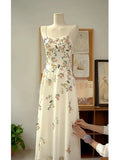Vintage Beige Spaghetti Strap Floral Applique Design Elegant A-Line Evening Dress Prom Dress HZ1024