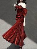 Vintage Burgundy Spaghetti Strap Mermaid Design Elegant Satin Evening Dress Prom Dress HZ1024